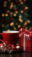 AI generated New Year's Cup drink in front of the Christmas background. Winter holidays concept. Created with Generative AI photo