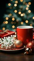 ai generado nuevo años taza bebida en frente de el Navidad antecedentes. invierno Días festivos concepto. creado con generativo ai foto