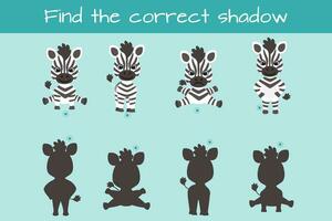 Find correct shadow. Kids educational logic game. Cute funny zebra. Vector illustration isolated on white background.