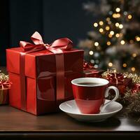 AI generated New Year's Cup drink in front of the Christmas background. Winter holidays concept. Created with Generative AI photo