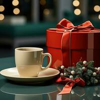 AI generated New Year's Cup drink in front of the Christmas background. Winter holidays concept. Created with Generative AI photo