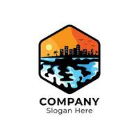 Buildings, sea and orange sky. Sunset city logo design concept for company, club, community, store and website. vector