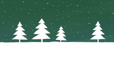 Landscape with pine tree and snowfall at night childish style vector illustration have blank space. Merry Christmas and Happy New Year greeting card template.