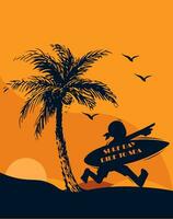 Silhouette man surfer running with hold surfboard and silhouette coconut tree. Beach scene on sunset. Vector handmade illustration.