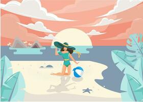 Beautiful bikini girl playing ball in the beach with enjoying beautiful sunset. Summer vacation illustration,beach panorama. vector