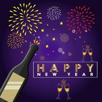 New year card, champagne in bottle and glass design to celebrate new year with some fireworks on abstract purple background. Vector illustration.