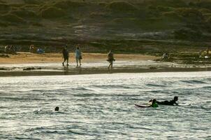 people are swimming in the ocean and riding surfboards photo