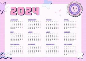 Horizontal monthly calendar 2024 in Y2k style, 90s graphic design. Bright color template in retro style with checkered background. vector