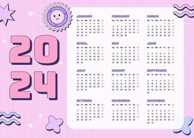 Vector monthly calendar 2024 in Y2k style, 90s graphic design. Bright color template in retro style with checkered background.