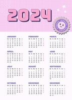 vertical vector mensual calendario 2024 en y2k estilo, 90s gráfico diseño. brillante color modelo en retro estilo con a cuadros antecedentes.
