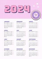 Vertical vector monthly calendar 2024 in Y2k style, 90s graphic design. Bright color template in retro style with checkered background.