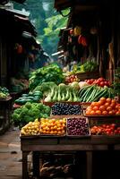 AI generated Asian food market, fresh vegetables and fruits - AI generated image photo