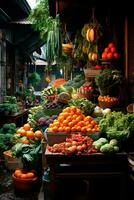 AI generated Asian food market, fresh vegetables and fruits - AI generated image photo