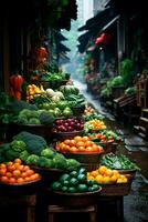 AI generated Asian food market, fresh vegetables and fruits - AI generated image photo