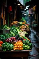 AI generated Asian food market, fresh vegetables and fruits - AI generated image photo