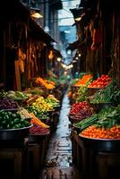 AI generated Asian food market, fresh vegetables and fruits - AI generated image photo