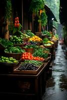 AI generated Asian food market, fresh vegetables and fruits - AI generated image photo