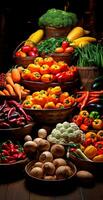 AI generated Asian food market, fresh vegetables and fruits - AI generated image photo