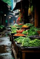 AI generated Asian food market, fresh vegetables and fruits - AI generated image photo