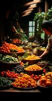 AI generated Asian food market, fresh vegetables and fruits - AI generated image photo