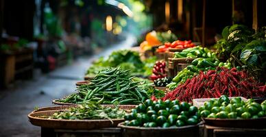 AI generated Asian food market, fresh vegetables and fruits - AI generated image photo