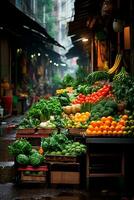 AI generated Asian food market, fresh vegetables and fruits - AI generated image photo