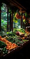 AI generated Asian food market, fresh vegetables and fruits - AI generated image photo