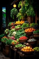 AI generated Asian food market, fresh vegetables and fruits - AI generated image photo