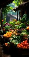 AI generated Asian food market, fresh vegetables and fruits - AI generated image photo