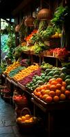 AI generated Asian food market, fresh vegetables and fruits - AI generated image photo