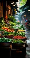 AI generated Asian food market, fresh vegetables and fruits - AI generated image photo