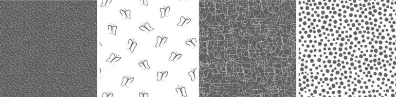 A set of seamless patterns with chaotic lines, dots, geometric shapes, silhouettes of butterflies. Simple abstract print. Vector graphics.