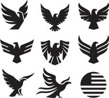 Black Silhouette solid vector set of icons like, eagle, bird, falcon, hawk, kite falcon, eagle emblem and so on.