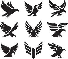 Black Silhouette solid vector set of icons like, eagle, bird, falcon, hawk, kite falcon, eagle emblem and so on.