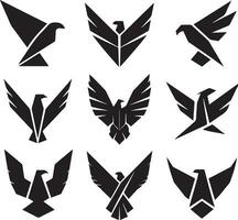 Black Silhouette solid vector set of icons like, eagle, bird, falcon, hawk, kite falcon, eagle emblem and so on.