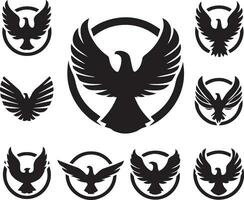 Black Silhouette solid vector set of icons like, eagle, bird, falcon, hawk, kite falcon, eagle emblem and so on.