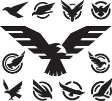 Black Silhouette solid vector set of icons like, eagle, bird, falcon, hawk, kite falcon, eagle emblem and so on.