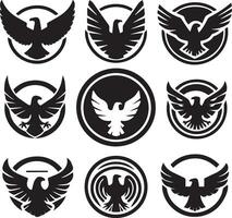 Black Silhouette solid vector set of icons like, eagle, bird, falcon, hawk, kite falcon, eagle emblem and so on.