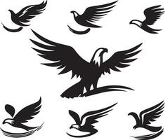 Black Silhouette solid vector set of icons like, eagle, bird, falcon, hawk, kite falcon, eagle emblem and so on.