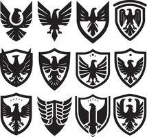 Black Silhouette solid vector set of icons like, eagle, bird, falcon, hawk, kite falcon, eagle emblem and so on.