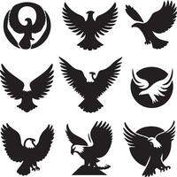 Black Silhouette solid vector set of icons like, eagle, bird, falcon, hawk, kite falcon, eagle emblem and so on.