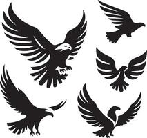 Black Silhouette solid vector set of icons like, eagle, bird, falcon, hawk, kite falcon, eagle emblem and so on.