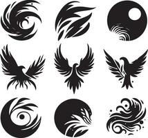 Black Silhouette solid vector set of icons like, eagle, bird, falcon, hawk, kite falcon, eagle emblem and so on.