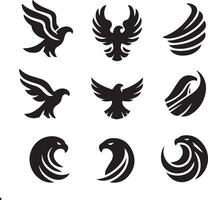 Black Silhouette solid vector set of icons like, eagle, bird, falcon, hawk, kite falcon, eagle emblem and so on.