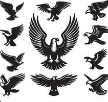 Black Silhouette solid vector set of icons like, eagle, bird, falcon, hawk, kite falcon, eagle emblem and so on.