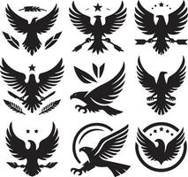 Black Silhouette solid vector set of icons like, eagle, bird, falcon, hawk, kite falcon, eagle emblem and so on.