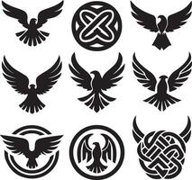 Black Silhouette solid vector set of icons like, eagle, bird, falcon, hawk, kite falcon, eagle emblem and so on.