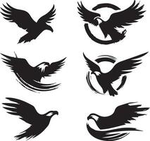 Black Silhouette solid vector set of icons like, eagle, bird, falcon, hawk, kite falcon, eagle emblem and so on.