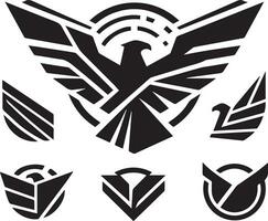 Black Silhouette solid vector set of icons like, eagle, bird, falcon, hawk, kite falcon, eagle emblem and so on.