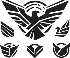 Black Silhouette solid vector set of icons like, eagle, bird, falcon, hawk, kite falcon, eagle emblem and so on.